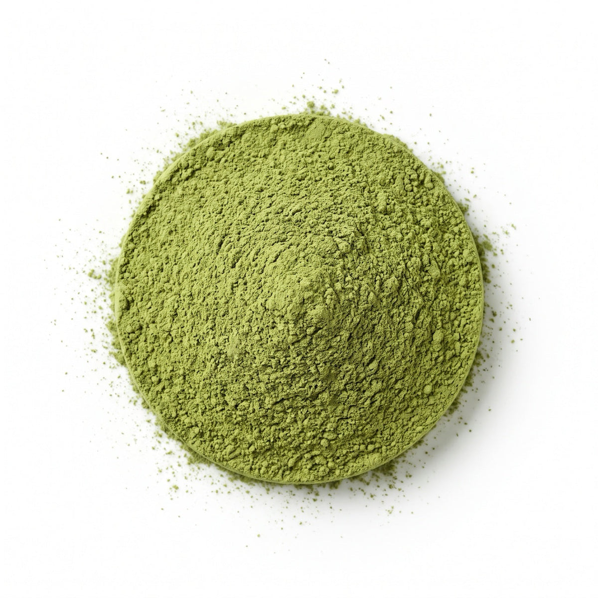Culinary grade matcha powder, matte green, slightly more granular texture